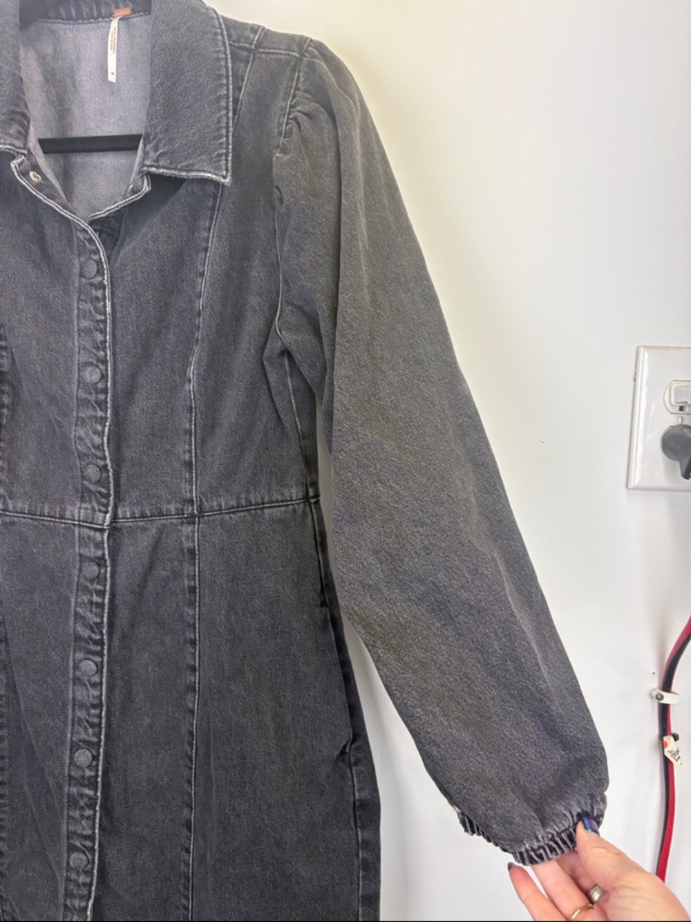 Free People Black Denim Mini Dress Puff Sleeve Snap Front Shirt Dress Sz Medium - Picture 7 of 12